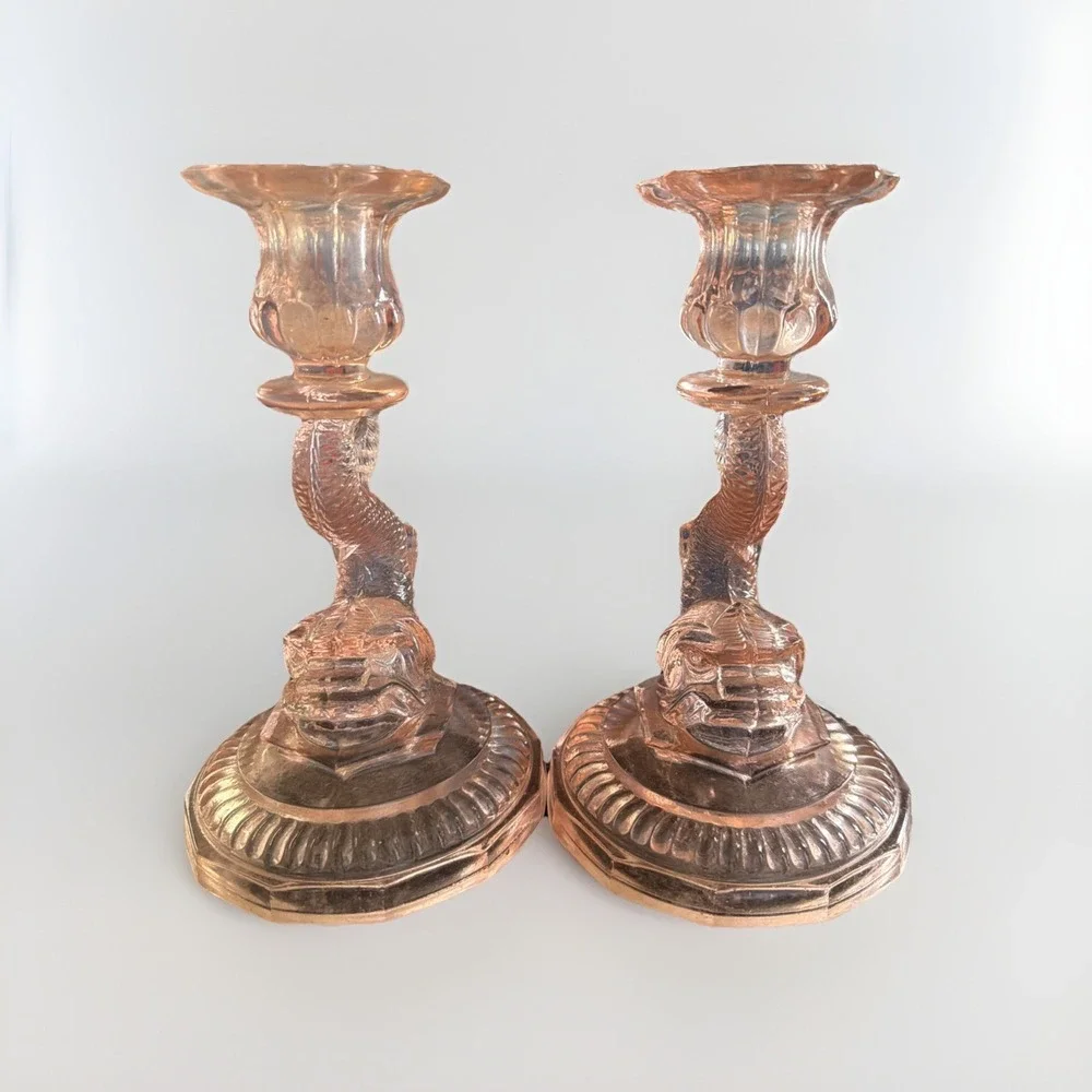 Vintage Pair Pink Glass‎ Candlesticks Koi Fish Design Collectible Rare